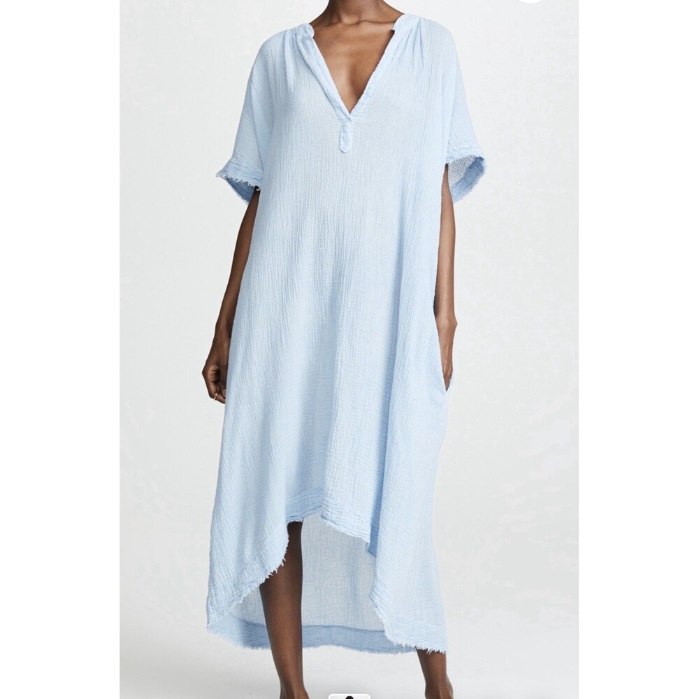 9Seed Tunisia Short Sleeve Caftan In Lightweight Gauze Sky Blue One Size EUC